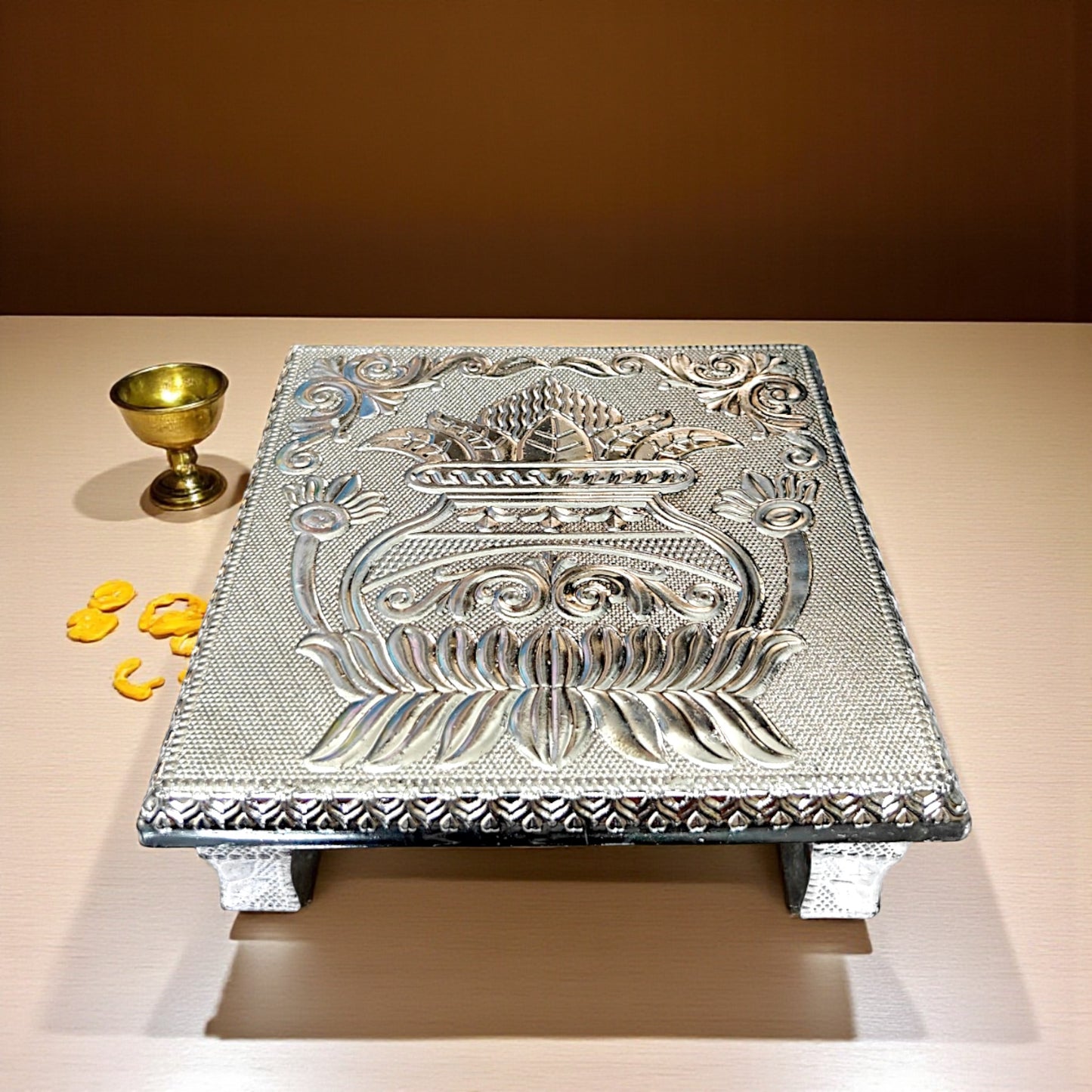 Antique Silver Kalash Design Chowki For All Purpose Bajot