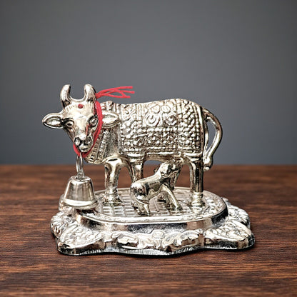 UK-1001 Silver Small Metal Kamdhenu Cow and Calf Idol Holy Spiritual Showpiece for Vastu, GAI bachda, Good Luck Gift, Kamdhenu Gau MATA, Pooja Temple Gift Decor for Navratri Diwali Gift