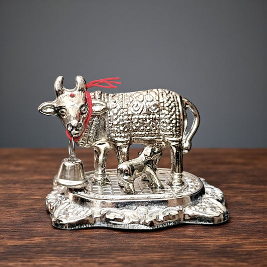 UK-1001 Silver Small Metal Kamdhenu Cow and Calf Idol Holy Spiritual Showpiece for Vastu, GAI bachda, Good Luck Gift, Kamdhenu Gau MATA, Pooja Temple Gift Decor for Navratri Diwali Gift
