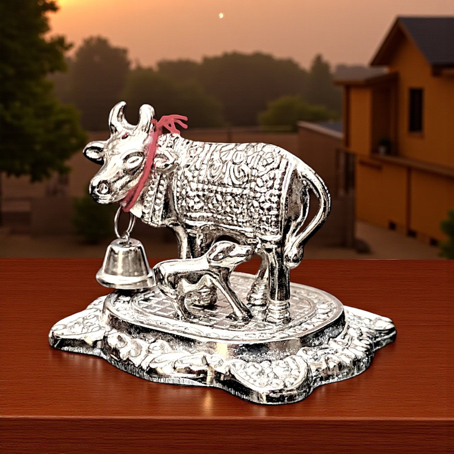 UK-1001 Silver Small Metal Kamdhenu Cow and Calf Idol Holy Spiritual Showpiece for Vastu, GAI bachda, Good Luck Gift, Kamdhenu Gau MATA, Pooja Temple Gift Decor for Navratri Diwali Gift