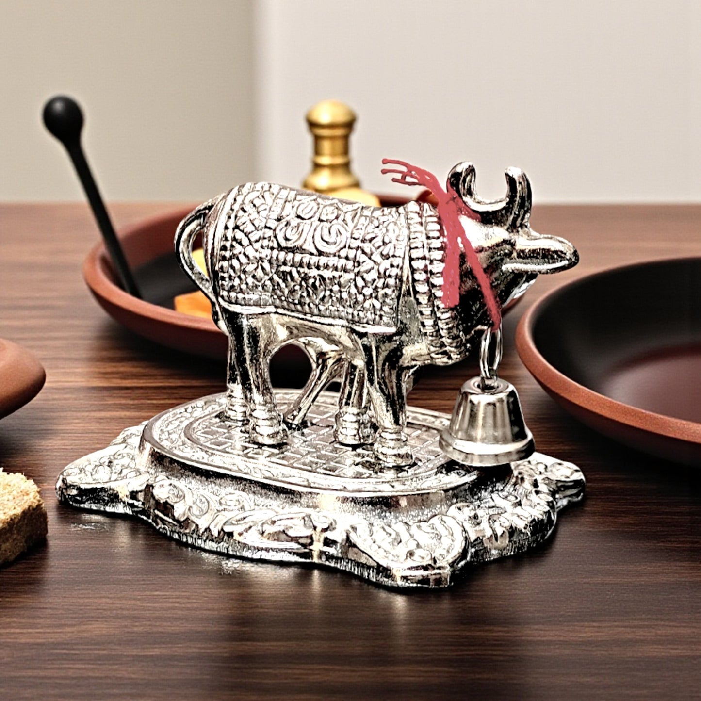 UK-1001 Silver Small Metal Kamdhenu Cow and Calf Idol Holy Spiritual Showpiece for Vastu, GAI bachda, Good Luck Gift, Kamdhenu Gau MATA, Pooja Temple Gift Decor for Navratri Diwali Gift