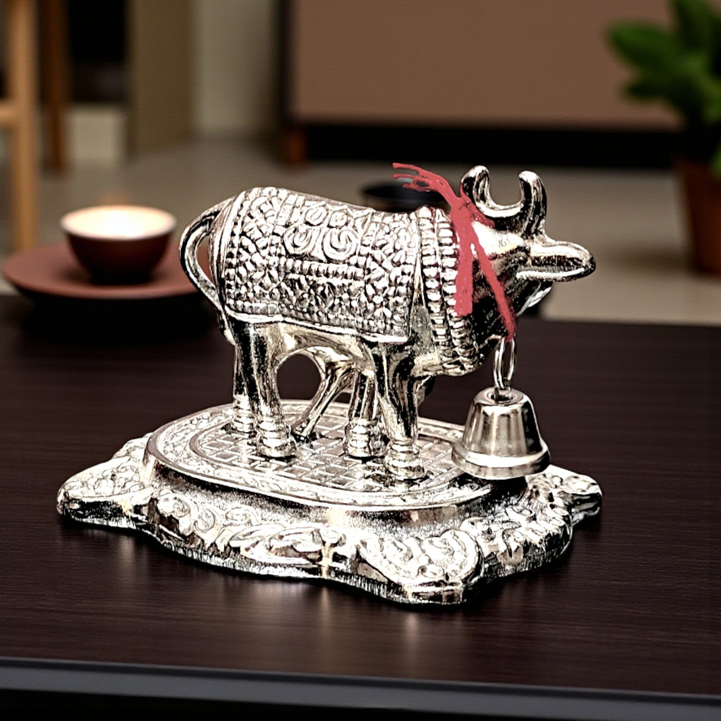 UK-1001 Silver Small Metal Kamdhenu Cow and Calf Idol Holy Spiritual Showpiece for Vastu, GAI bachda, Good Luck Gift, Kamdhenu Gau MATA, Pooja Temple Gift Decor for Navratri Diwali Gift