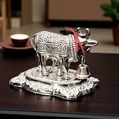 UK-1001 Silver Small Metal Kamdhenu Cow and Calf Idol Holy Spiritual Showpiece for Vastu, GAI bachda, Good Luck Gift, Kamdhenu Gau MATA, Pooja Temple Gift Decor for Navratri Diwali Gift