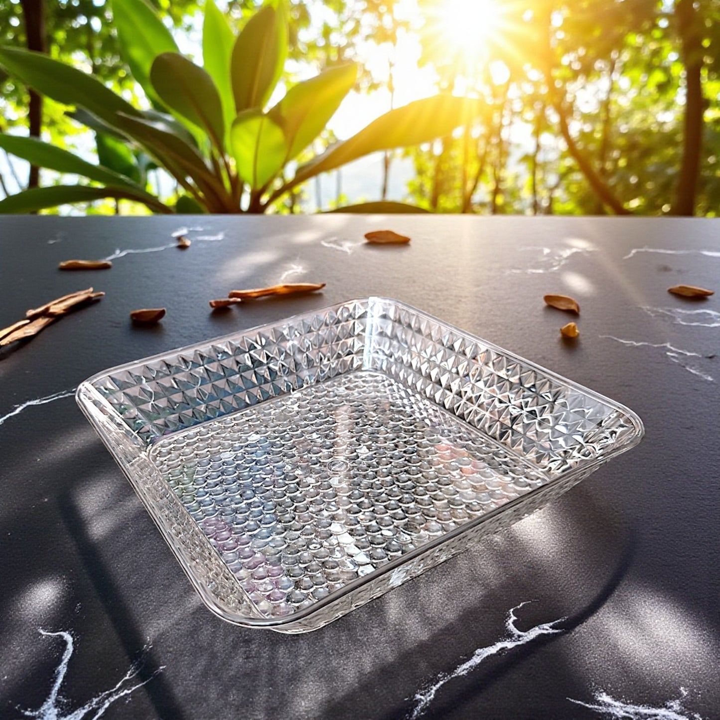 UK-1005 Square Crystal Glass Tray, Serving Tray, Fruit Tray MULTICOLOR  ( 9 X 9 INCH )