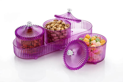 UK-1002 LUXURY Dry Fruit Transparent 3pc Jar with Lids & Stylish Tray (Mix Colour)