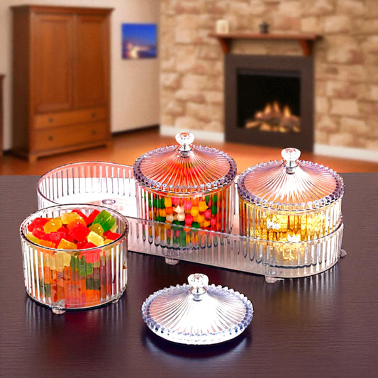UK-1002 LUXURY Dry Fruit Transparent 3pc Jar with Lids & Stylish Tray (Mix Colour)