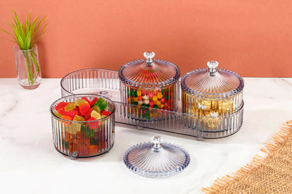 UK-1002 LUXURY Dry Fruit Transparent 3pc Jar with Lids & Stylish Tray (Mix Colour)