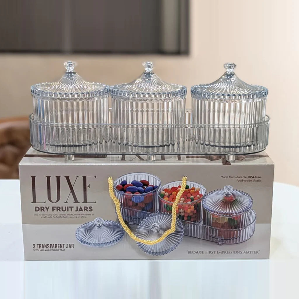 UK-1002 LUXURY Dry Fruit Transparent 3pc Jar with Lids & Stylish Tray (Mix Colour)