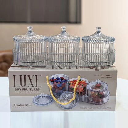 UK-1002 LUXURY Dry Fruit Transparent 3pc Jar with Lids & Stylish Tray (Mix Colour)