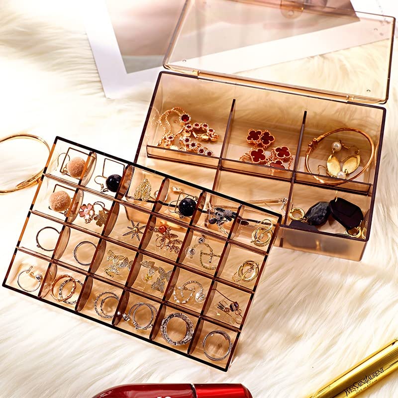 UK-0355  Clear Acrylic Jewelry Organizer Box with 2 Drawers and 30 Compartments, Small Dustproof Jewelry Box for Women and Girls, Earring Display Holder