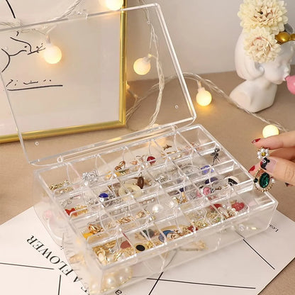 UK-0355  Clear Acrylic Jewelry Organizer Box with 2 Drawers and 30 Compartments, Small Dustproof Jewelry Box for Women and Girls, Earring Display Holder