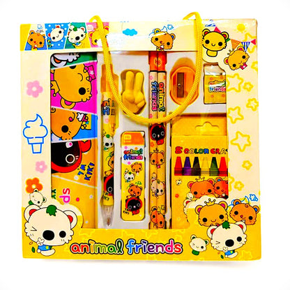 UK-0569 Cartoon Print Stationary Set for Girls/Boys | Pencil Rubber Ruler Sharpener Book and Geometry Box Cute Cartoon Stationery Set