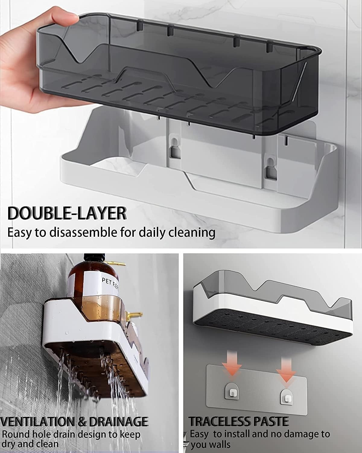 UK-0677 Shelf Organizer,Wall Mounted Shelf Hardware,Separable Shower Wall Self Adhesive Storage Racks