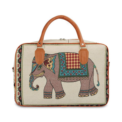 UK-1034 Canvas Duffle Travel Bag for Men and Women, Handmade Indian Ethnic Elephant Print Single Compartment Luggage Travelling Duffel for Women, Stylish Cabin Size Air Hand Bag