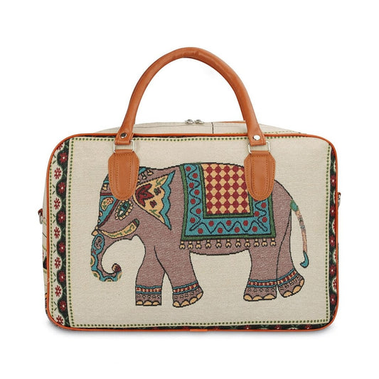 UK-1034 Canvas Duffle Travel Bag for Men and Women, Handmade Indian Ethnic Elephant Print Single Compartment Luggage Travelling Duffel for Women, Stylish Cabin Size Air Hand Bag