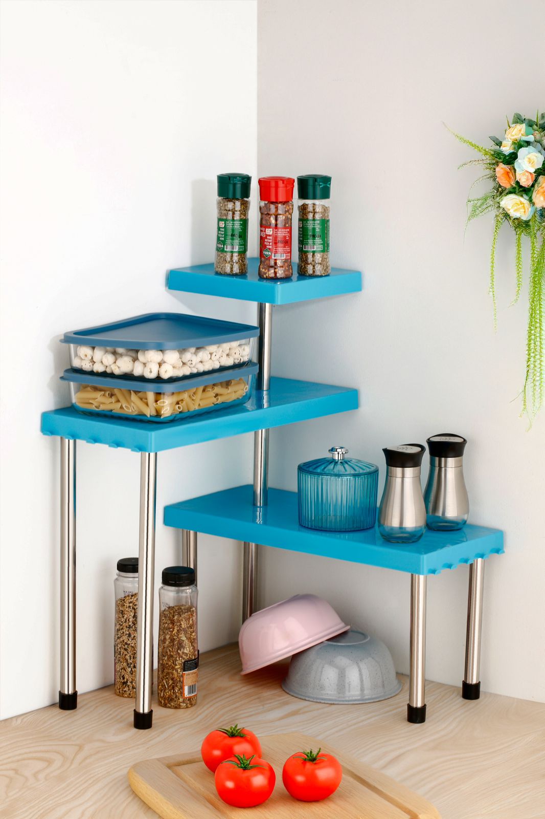 UK-1087 Countertop Organizer Rack | 3 Tier | Kitchen Corner Shelf | Space-Saving | Adjustable Counter top Stand for Spice Jars and Bottles | Multi-Purpose Storage Shelf for Cabinet & Bathroom