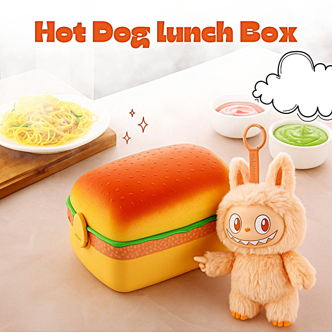 UK-1007 HOT-DOG  2-Compartment Lunch Box Multi Compartment Lunch Box with Spoon for Kids || Sandwich Burger Shape Tiffin Lunch Box for Boys & Girls