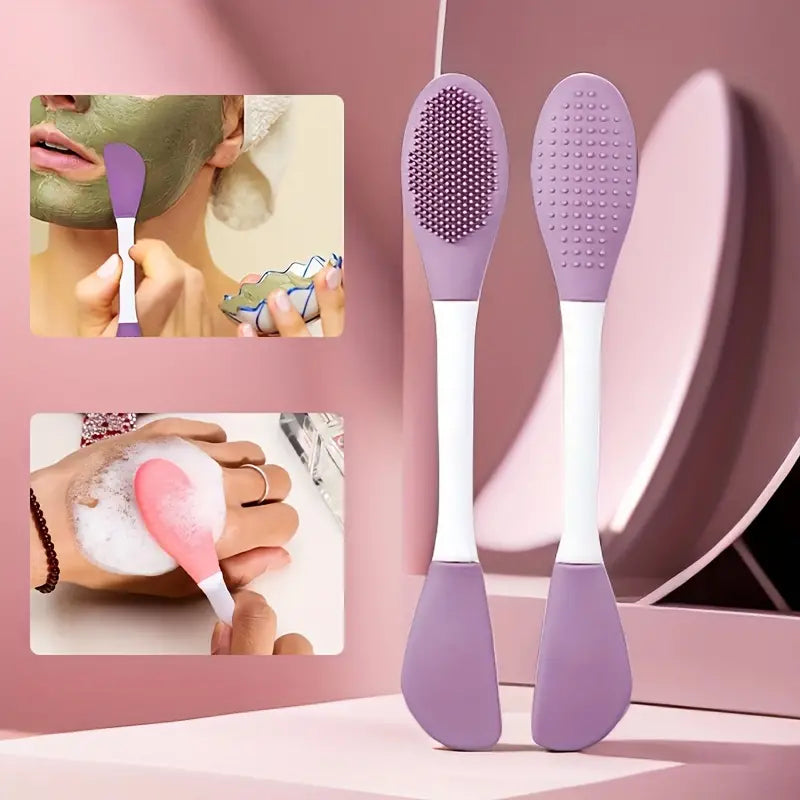 UK-0356 Beauty Silicone Face Mask Applicator Makeup Brush Double-Ended Facial Mask Brush for Mud, Clay, Charcoal Mixed Mask，Soft Makeup Beauty Brush Tools for Apply Cream, Lotion (1PC Multi Color)