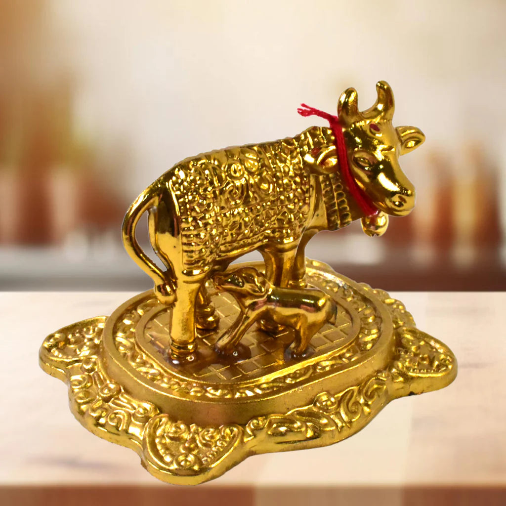 UK-0994 Golden Kamdhenu Cow and Calf Idol for Home Decor | Decorative Showpiece for Mandir, Office & Gift Purpose
