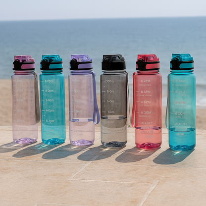 UK-0919 900ML Capacity Belt Straw Transparent Motivational Water Bottles with Time Marker Leak proof & break-proof | Best Usage for Office/School/College/Gym/Travel Bottle | BPA-Free Fitness Sports Bottle