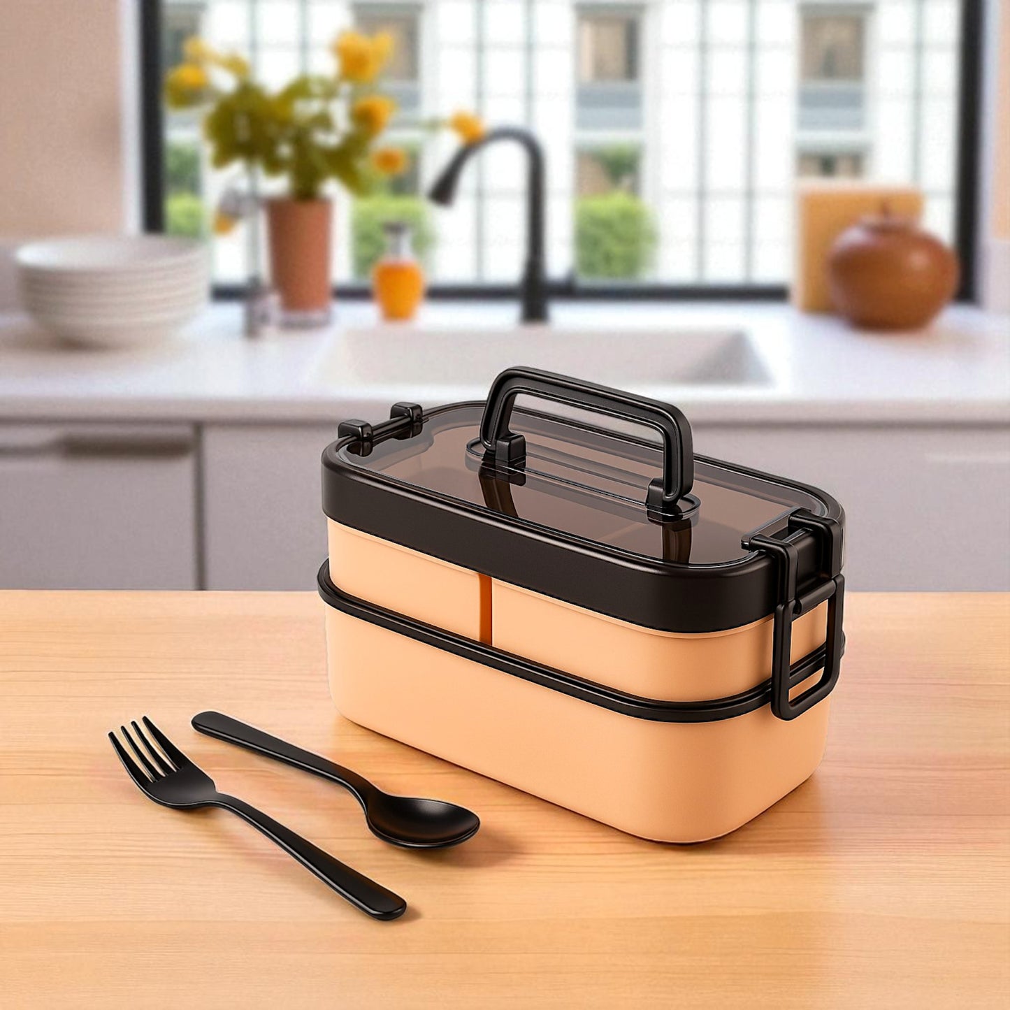 UK-0933 3-Compartment Lunch Box for Office Men and Lunch Box for Kids, Portable Double-Layer Lunch Box with Cutlery and Lid,Microwave Safe Lunch Boxes