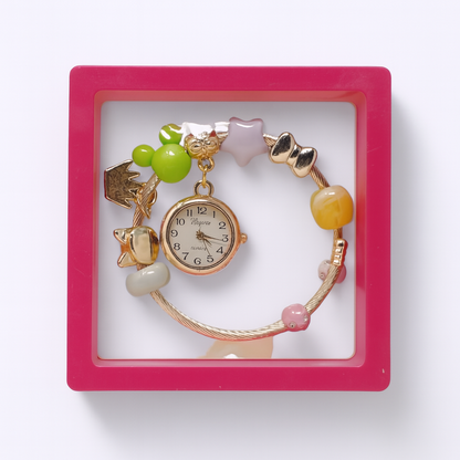 UK-0991 Bracelet Watch Women and Girls Fashion Stainless Steel Beaded Adjustable Quartz Watch Bangle Jewellery Friendship Bracelet (Random Pearl Designs)