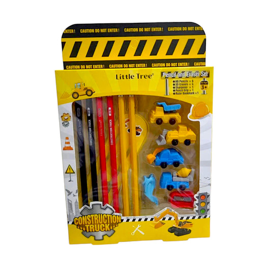 UK-0559 Pencil and Eraser Set, Construction Truck Theme Stationery Kit Includes 6 Pencils, 4 Erasers, 1 Sharpener, 1 Ruler Bookmark, 1 Pencil Cap Stationary