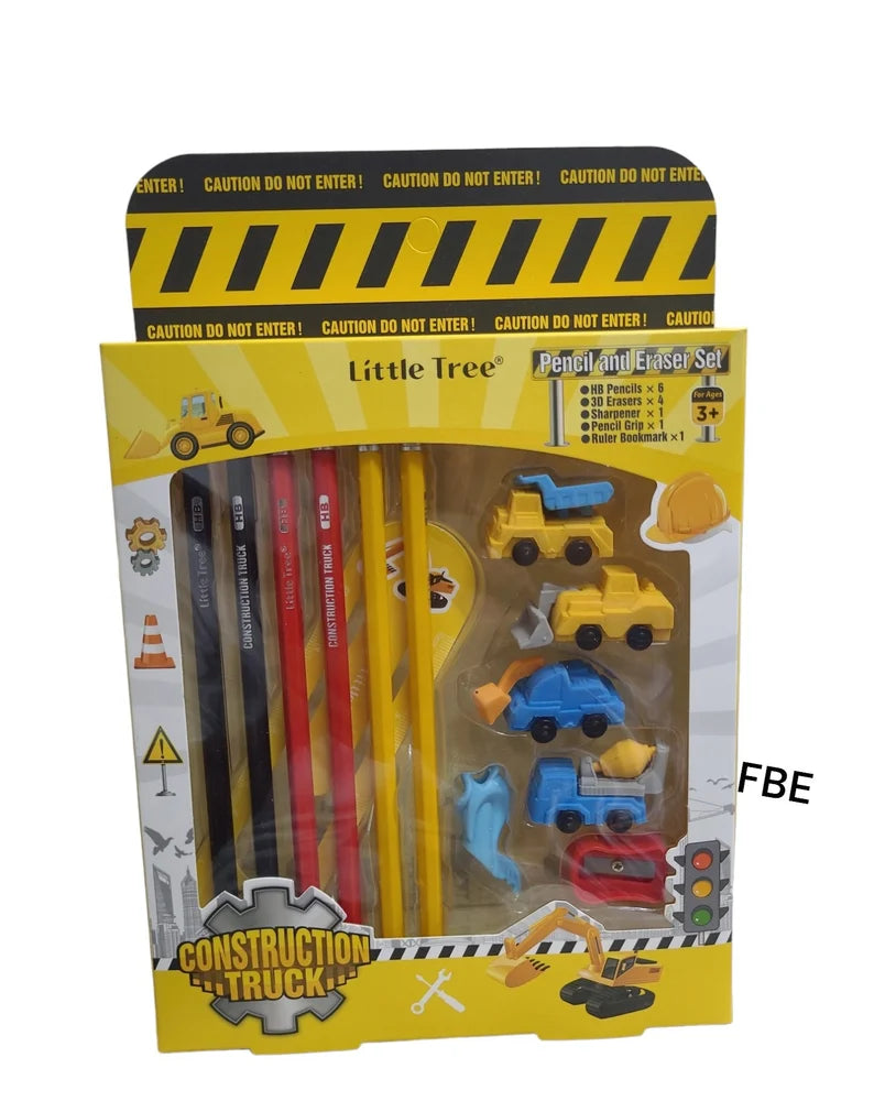 UK-0559 Pencil and Eraser Set, Construction Truck Theme Stationery Kit Includes 6 Pencils, 4 Erasers, 1 Sharpener, 1 Ruler Bookmark, 1 Pencil Cap Stationary