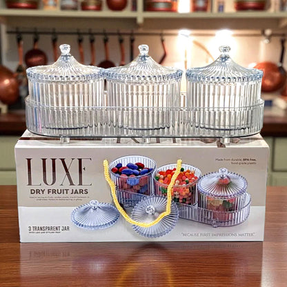 UK-1002 LUXURY Dry Fruit Transparent 3pc Jar with Lids & Stylish Tray (Mix Colour)