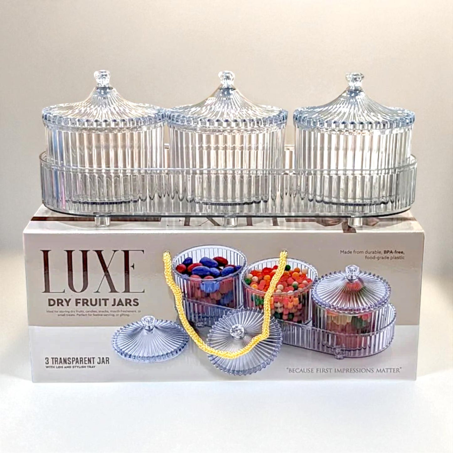UK-1002 LUXURY Dry Fruit Transparent 3pc Jar with Lids & Stylish Tray (Mix Colour)