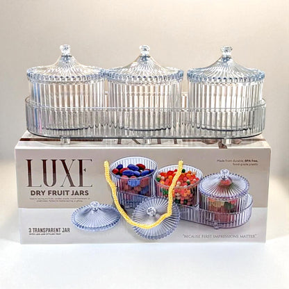 UK-1002 LUXURY Dry Fruit Transparent 3pc Jar with Lids & Stylish Tray (Mix Colour)